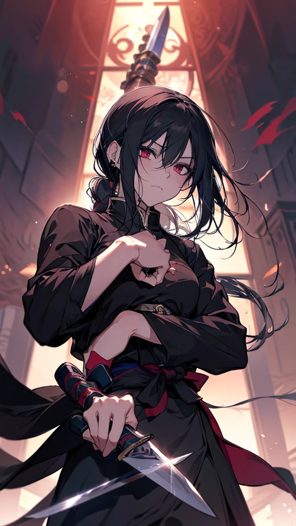 Holding a sword in his hand、Anime girl in black shirt, itatchi uchiha, knife, she is holding a knife sword, Anime-style characters, unsheathing her knife, akatsuki akira, By Ren, Maid, Anime-style artwork, kunoichi, holding knife, Anime characters, yuyushiki