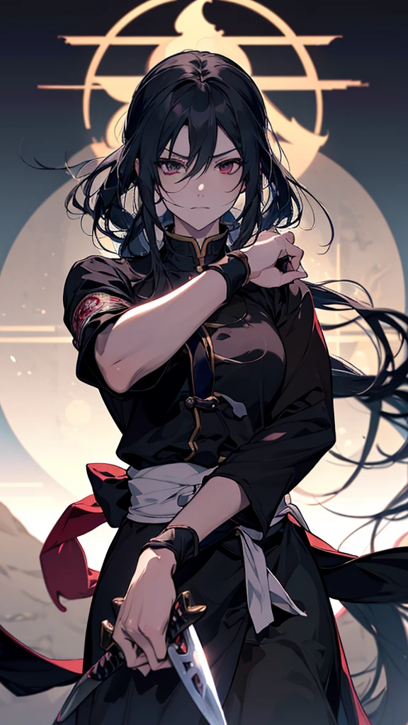 Holding a sword in his hand、Anime girl in black shirt, itatchi uchiha, knife, she is holding a knife sword, Anime-style characters, unsheathing her knife, akatsuki akira, By Ren, Maid, Anime-style artwork, kunoichi, holding knife, Anime characters, yuyushiki
