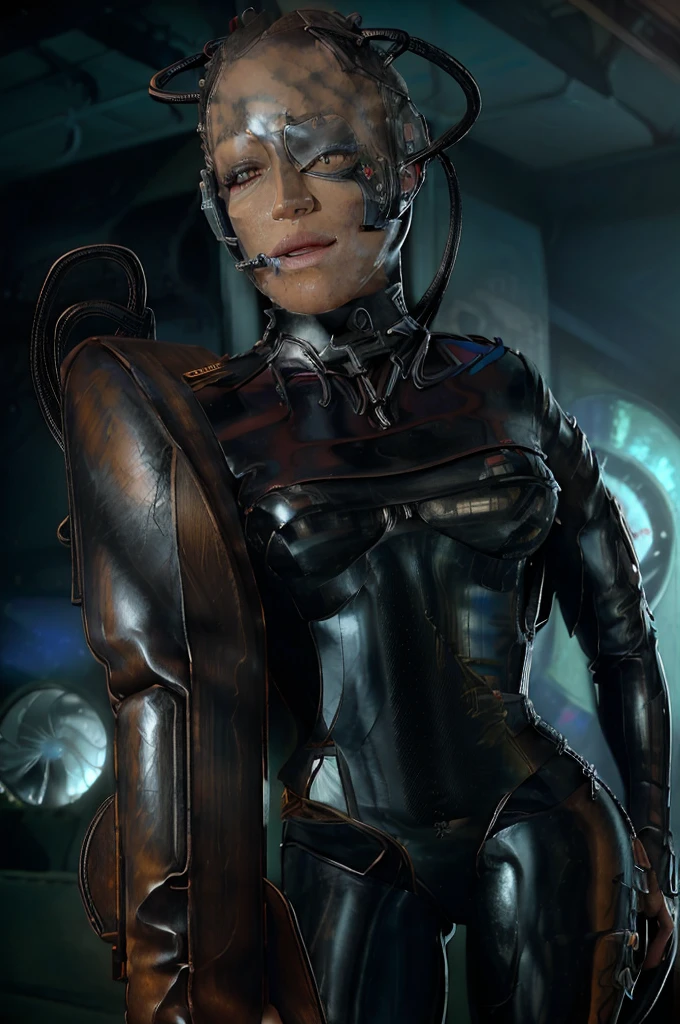 (tawny newsome:1.2), (black skin:1.2), (liquid metal girl
 sttldunf uniform:1.2), (Liquid Metal sttldunf uniform:1.2) being assimilated by  Borg, robotic, right arm, and right eye
ballgag, leather catsuit, belt, lying, prisoner, (best quality,4k,8k,highres,masterpiece:1.2),ultra-detailed,(realistic,photorealistic,photo-realistic:1.37),dark moody lighting,dramatic chiaroscuro,cinematic, (portrait:1.2)