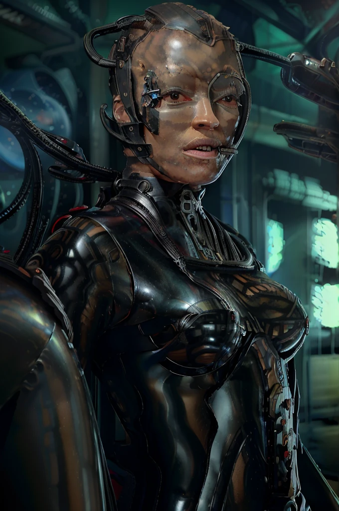 (tawny newsome:1.2), (black skin:1.2), (liquid metal girl
 sttldunf uniform:1.2), (Liquid Metal sttldunf uniform:1.2) being assimilated by  Borg, robotic, right arm, and right eye
ballgag, leather catsuit, belt, lying, prisoner, (best quality,4k,8k,highres,masterpiece:1.2),ultra-detailed,(realistic,photorealistic,photo-realistic:1.37),dark moody lighting,dramatic chiaroscuro,cinematic, (portrait:1.2)