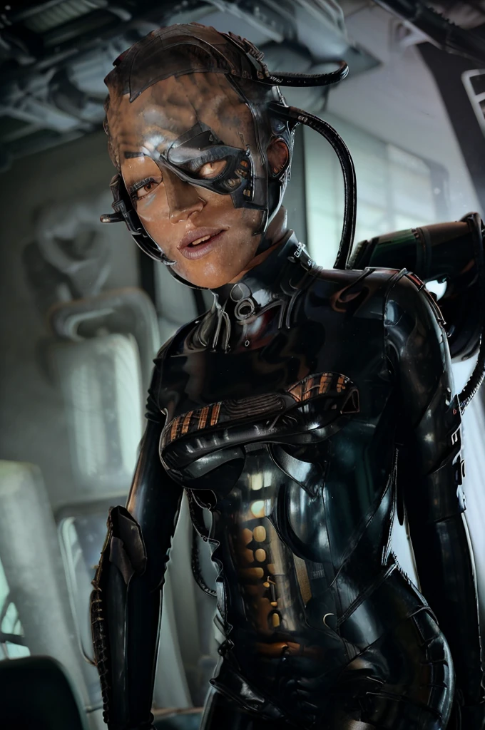 (tawny newsome:1.2), (black skin:1.2), (liquid metal girl
 sttldunf uniform:1.2), (Liquid Metal sttldunf uniform:1.2) being assimilated by  Borg, robotic, right arm, and right eye
ballgag, leather catsuit, belt, lying, prisoner, (best quality,4k,8k,highres,masterpiece:1.2),ultra-detailed,(realistic,photorealistic,photo-realistic:1.37),dark moody lighting,dramatic chiaroscuro,cinematic, (portrait:1.2)