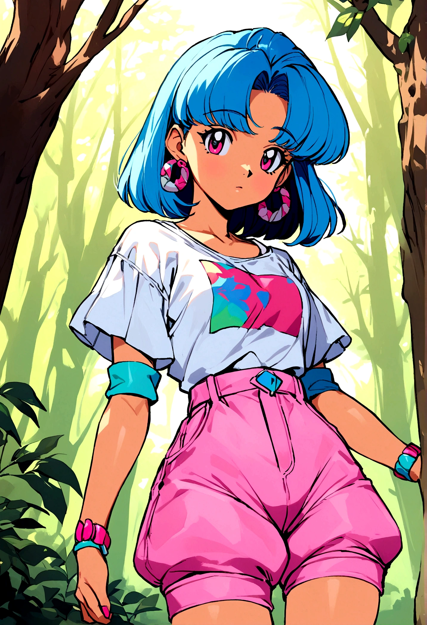 White girl , blue short hair, tight white blouse, pink baggy shorts, at the forest, style 90s