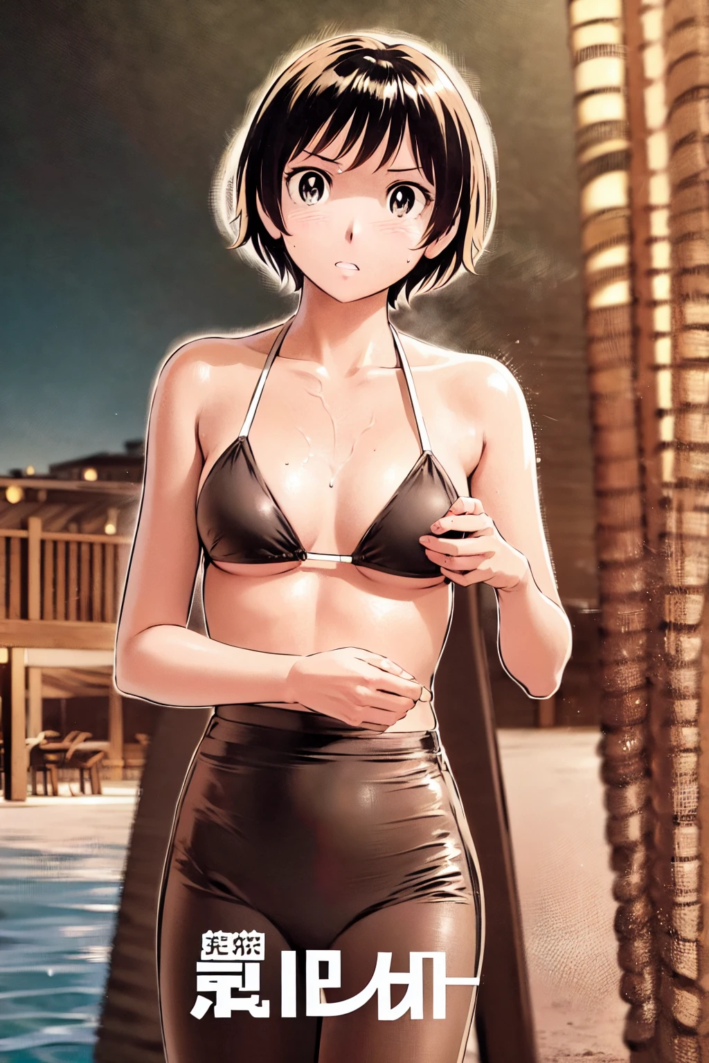 、(masterpiece、Highest quality)、Highest quality, Ultra-high resolution, (((masterpiece))), alone, Sweat、Big eyes, Composition from the front、Shortcuts、Embarrassed face、Bronze colored hair、Cut your hair short、Ocean、beach、Black Micro Bikini、belly button、short hair