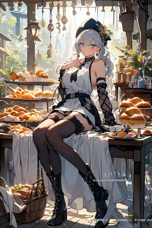(perky chest:1.2), (pointed chest:1.2),(Pudding cake magazine cover:1.3),(from below:1.2),(shoot from the side:1.1),(((Black Tunic:1.3))),(((cakes and bread in the basket),a 23yo Cute and beautiful girl,masterpiece、highest quality、Very detailed、Beautiful fine details、Detailed landscape、Braided Ponytail、Red camisole、((B cup breasts, Tank top showing underboob:1.0)), thigh strap, bangs, necktie, earrings, nail polish, fishnet pantyhose, silver hair, looking at viewer, full body, bottle, own hands together, belt, food, ring, choker, english text paper:1.2, collared shirt, blue eyes, hat,lace-up boots ,
