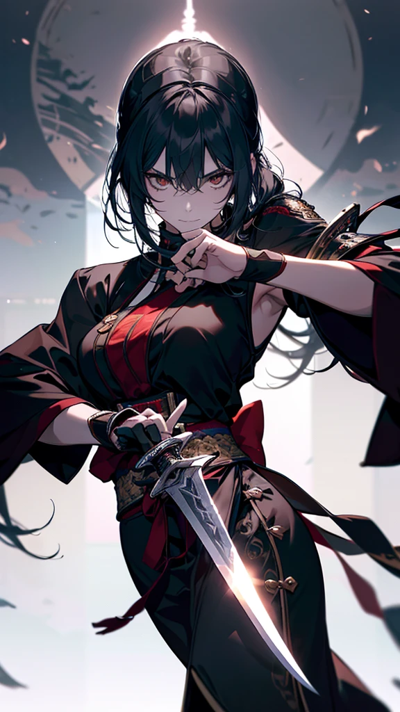 Close-up of a person holding a sword in a dark room, she is holding a knife sword, knife, unsheathing her knife, Works inspired by Kano Hogai, Maid, dramatic wielding knife pose, knife zero, Very beautiful cyberpunk samurai, 薙knifeを持ったキツネの野武士, With a big sword
