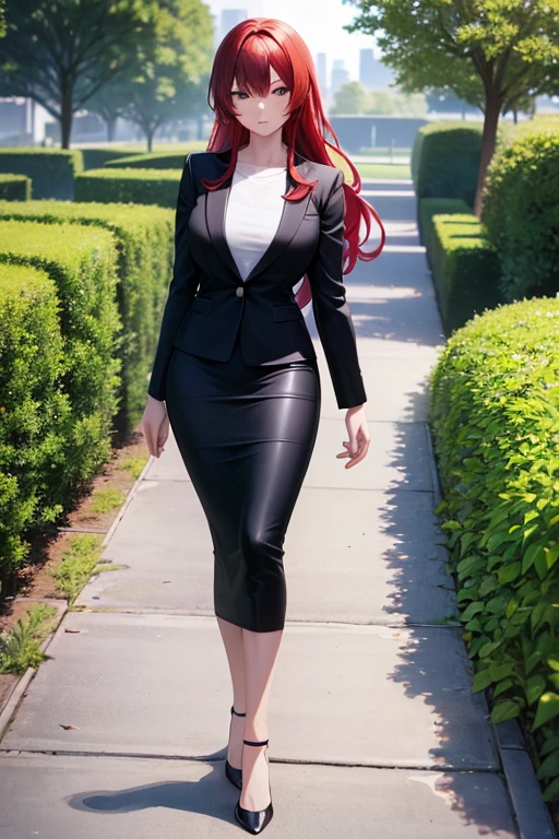 best quality, 1girl, business woman walking through a garden, black business suit, black midi pencil skirt, black blazer, looking at viewer, full body, long red hair