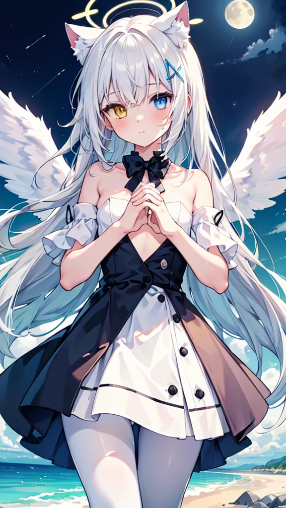White hair,Long hair,Cat ear,Heterochromia blue-yellow,female face,There are bright spots in the eyes,Female hands,White little hands,Normal fingers,flat chest,Solitary,blue halo,On an island in the sky,Day and night mix,Angel Wings,White pantyhose,moon,Hands together