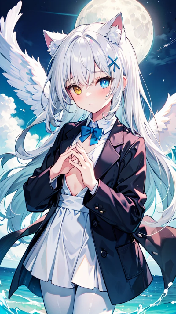 White hair,Long hair,Cat ear,Heterochromia blue-yellow,female face,There are bright spots in the eyes,Female hands,White little hands,Normal fingers,flat chest,Solitary,blue halo,On an island in the sky,Day and night mix,Angel Wings,White pantyhose,moon,Hands together