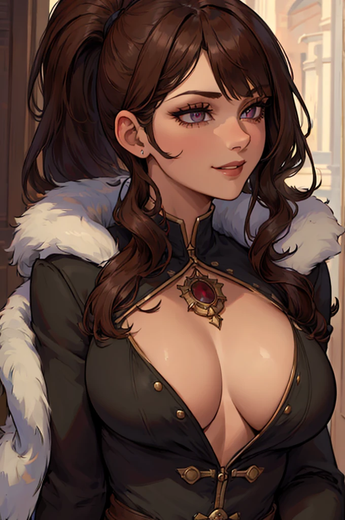 ((masterpiece)), ((best quality)), 1girl, adult, long hair, big bust, ((brown hair)), ((intimidant look)), ((close-up)), profile image, black and red clothes, sexy, dark colors, ((coat with fur)), ((wavy hair)), exposed skin, ((sexy pose)), good anatomy, ((dark sage clothes)), ((straight cut bangs)), emotionless, intimidant, ((beautiful eyes)), dark background, close up, ((detailed eyes)), ((detailed face)), hair bang, frontal look, relaxed, smile, queen, ponytail, violet eyes