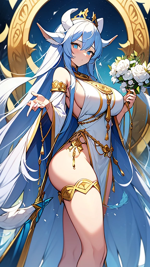 1goat woman, tall body, goat ears, golden horns, goat tail, very long blue hair, white flowers crown, perfect eyes, dark blue eyes, yellow necklace, white tunic with blue details, flower-shaped scepter in hand, big breasts, big ass, temple on the mountain background