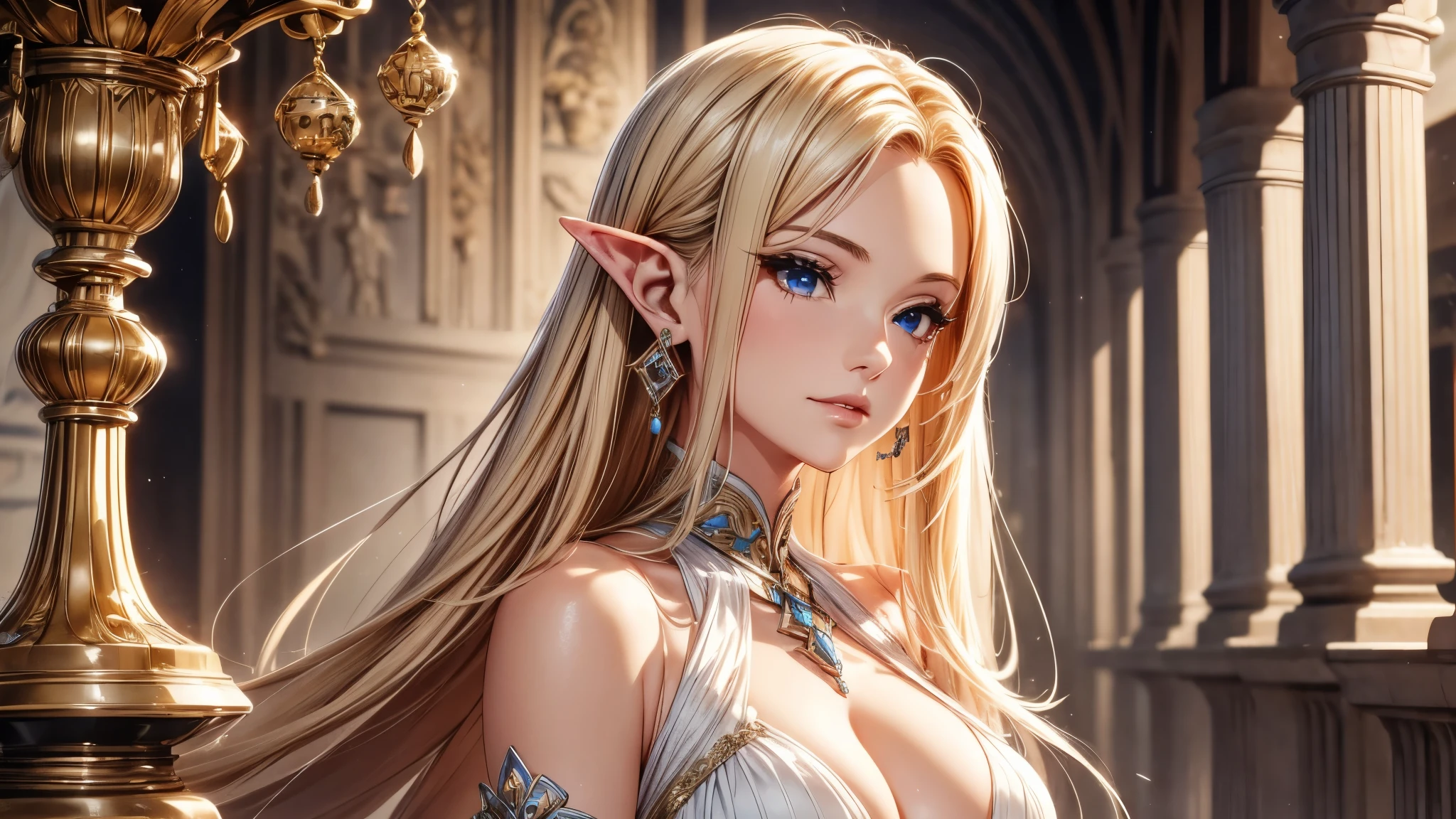 1 girl, Beautiful elf lady, begie blonde Long straight hair, upturn elf pointy ears, sexy figure, perfect breast, charming cleavage, very beautiful face, detailed face, delicate eyes, detailed pupil, beautiful and delicate lips, pale skin, Serious, arrogant, absurd, White gorgeous detailed dress, royalties, celebration, elegant, Noble, Bare shoulders, small crystal earrings, hand drawn animation, high detailed, palace banquet hall, symmetrical clothes, best quality, masterpiece, Fair, Octane Render