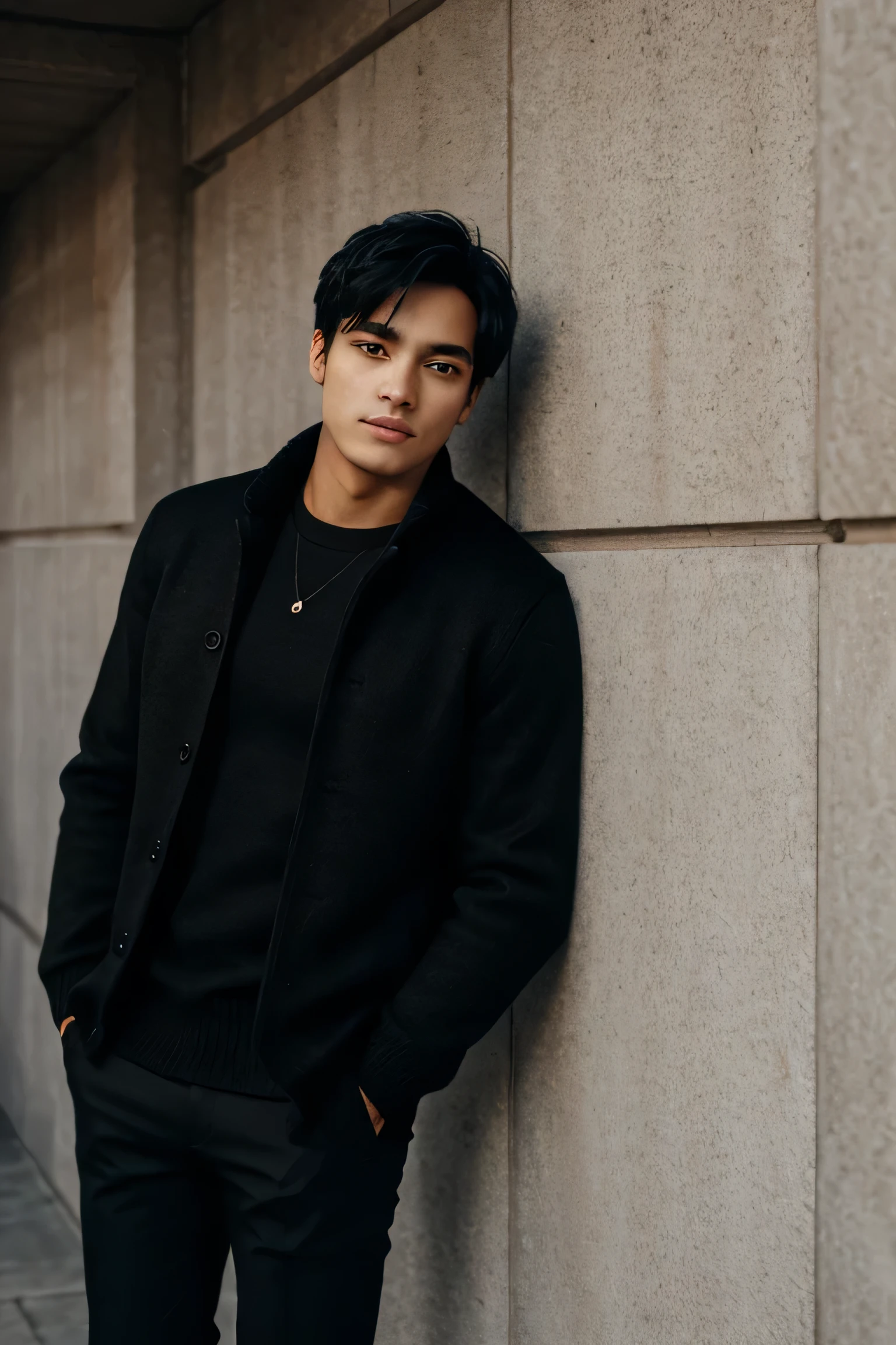 man, short black hair, red sweater, wearing a long black jacket, black pants, looking at the camera