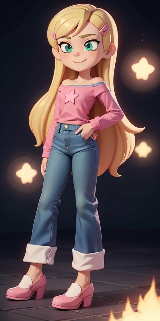 score_9, source_cartoon, 1girl, solo, Kelly Marra, looking very happy, long hair, blonde hair, cute green eyes, hair ornament, white long sleeves, hairclip, flare blue pants(Wide flares on pants:1.2), pink shoes, off shoulder, white star (symbol) in the middle of the shirt, Pink t-shirt,