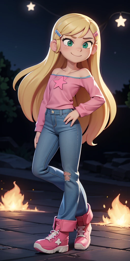 score_9, source_cartoon, 1girl, solo, Kelly Marra, looking very happy, long hair, blonde hair, cute green eyes, hair ornament, white long sleeves, hairclip, flare blue pants(Wide flares on pants:1.2), pink shoes, off shoulder, white star (symbol) in the middle of the shirt, Pink t-shirt,