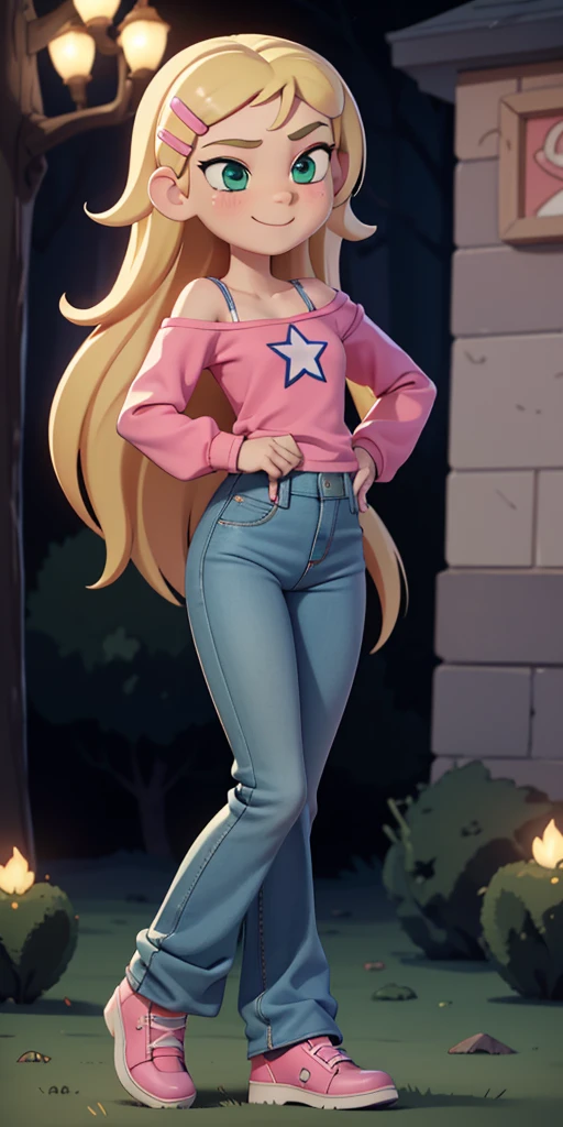 score_9, source_cartoon, 1girl, solo, Kelly Marra, looking very happy, long hair, blonde hair, cute green eyes, hair ornament, white long sleeves, hairclip, flare blue pants(Wide flares on pants:1.2), pink shoes, off shoulder, white star (symbol) in the middle of the shirt, Pink t-shirt,