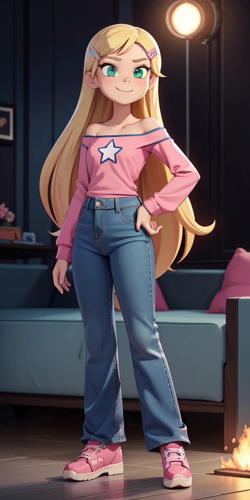 score_9, source_cartoon, 1girl, solo, Kelly Marra, looking very happy, long hair, blonde hair, cute green eyes, hair ornament, white long sleeves, hairclip, flare blue pants(Wide flares on pants:1.2), pink shoes, off shoulder, white star (symbol) in the middle of the shirt, Pink t-shirt,