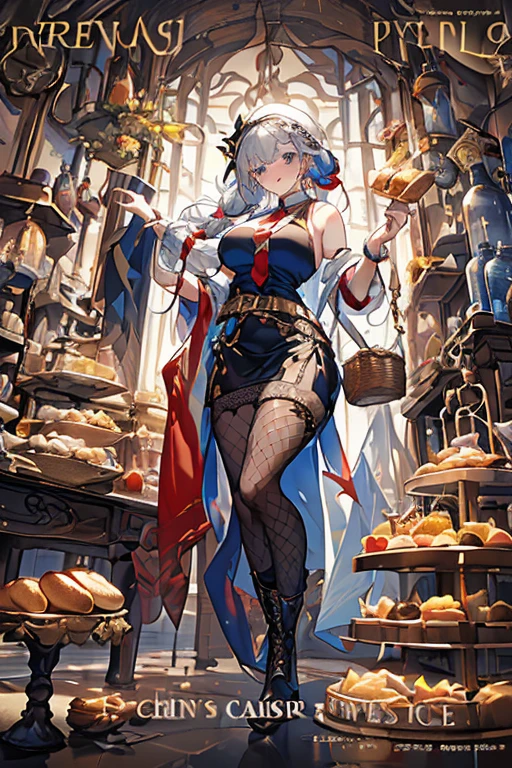 (perky chest:1.2), (pointed chest:1.2),(Pudding cake magazine cover:1.3),(from below:1.2),(shoot from the side:1.1),(((Black Tunic:1.3))),(((cakes and bread in the basket),a 23yo Cute and beautiful girl,masterpiece、highest quality、Very detailed、Beautiful fine details、Detailed landscape、Braided Ponytail、Red camisole、((B cup breasts, Tank top showing underboob:1.0)), thigh strap, bangs, necktie, earrings, nail polish, fishnet pantyhose, silver hair, looking at viewer, full body, bottle, own hands together, belt, food, ring, choker, english text paper:1.2, collared shirt, blue eyes, hat,lace-up boots ,