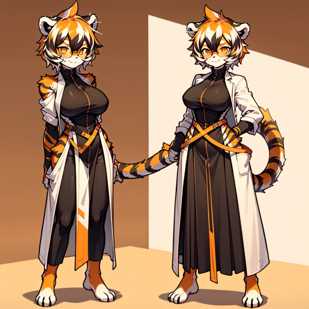 white background, full body, ((2girls,furry)), Standing ，animal ears, arknights, white hair, black hair, round eyewear, glasses, OPPEIN, short hair, large breasts, muscle, tail, orange eyes, orange hair, multicolored hair, tiger girl, furry female, hair between eyes, tiger_ears, tiger_tail, orange-tinted_eyewear, tinted_eyewear, Sophorae, big breasts, evil smile, Shadows under feet, Abdominal muscles, (((doctor's overall cloth:1.2)))