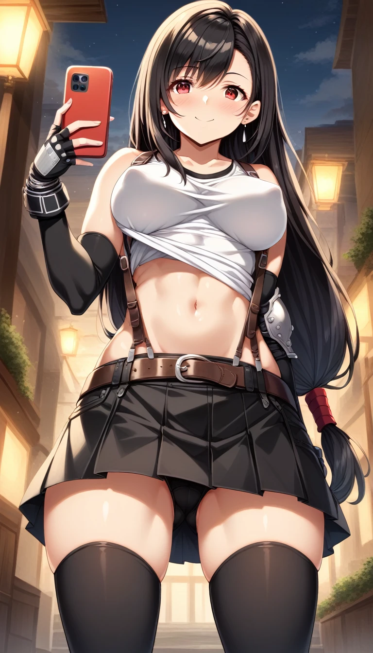 score_9, score_8_up, score_7_up, ,front_view,breast below view,,(soro focus),standing,straight-on,,(tank toplift;1,3),(),puffy nipple,selfie,(mediumshot:1),looking_at_viewer ,1girl, tifa lockhart, final fantasy,(beautiful woman). tareme,black hair, low-tied long hair, red eyes, bangs, white tank top,gap, belt, pleated skirt, thighhighs, elbow fingerless gloves, elbow pads, midriff, navel,suspender skirt.zettai ryouiki ,(large_breasts:1.2),((perky breasts;1,3)),(light smile),slender_waist:1.2 ,Solo,,(daytime and outdoors),(masterpeace),(best quality),((aesthetic,very aesthetic)),,highly detailed,(megami_magazine),(professional lighting),(cinematic lighting),great lighting,