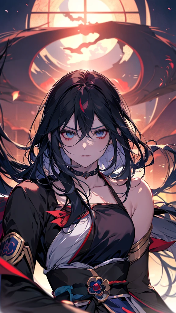 Anime character with black hair and blue eyes dressed in black, inspired by Okumura Masanobu, ryuko matoi, [[[[smile wickedly]]]], shikishi, The charming Ryuko Matoi, Gap Moe Yandere Grimdark, yuyushiki, portrait Gap Moe Yandere Grimdark, By Ren