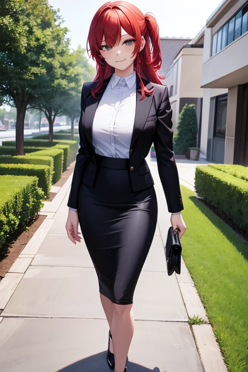 best quality, 1girl, business woman walking through a garden, black business suit, black midi pencil skirt, black blazer, looking at viewer, full body, long red hair, smile