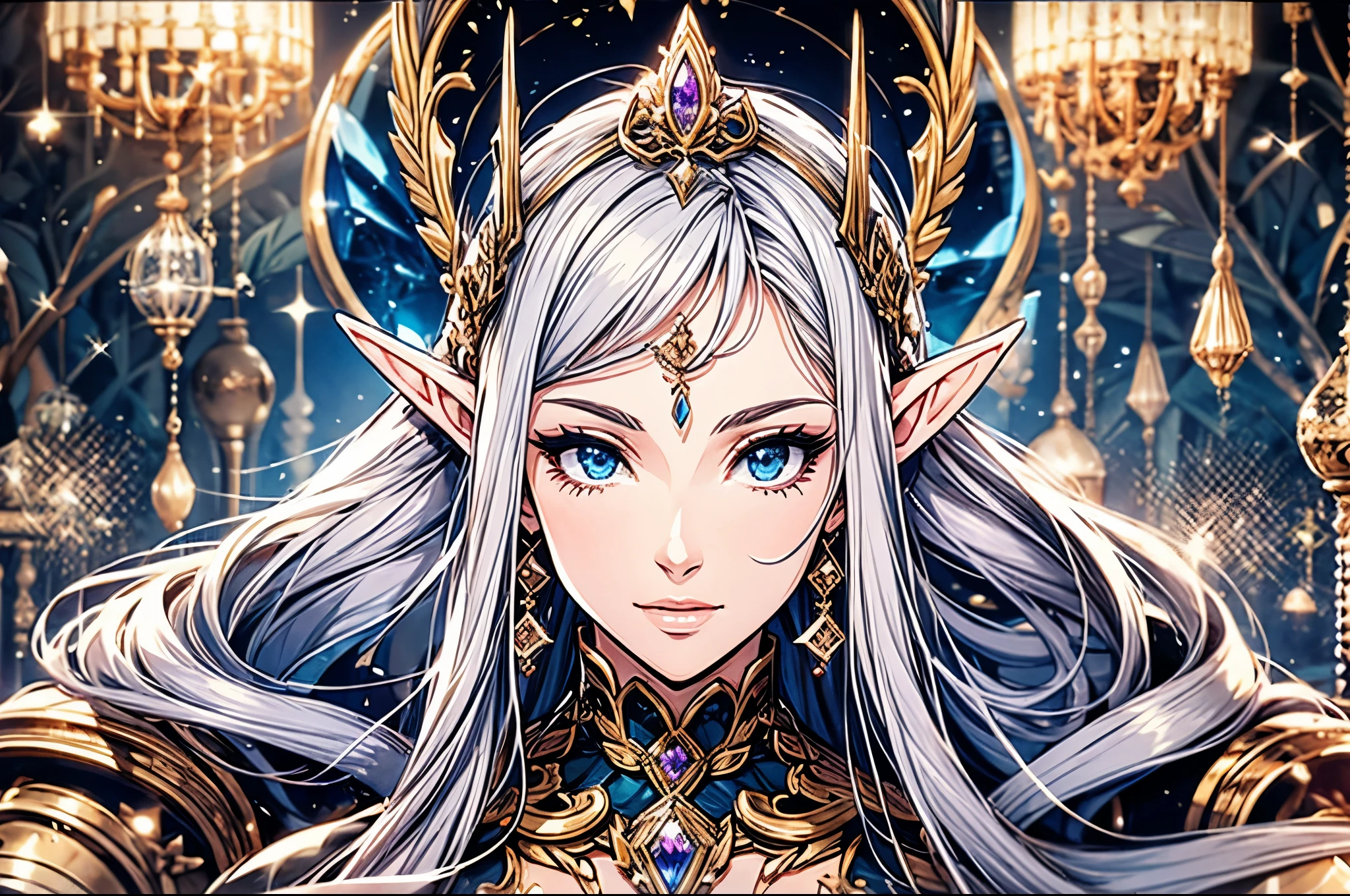 1 girl, Beautiful elf lady, begie blue Long straight hair, upturn elf pointy ears, sexy figure, charming cleavage, very beautiful face, detailed face, delicate eyes, detailed pupil, beautiful and delicate lips, pale skin, Serious, arrogant, absurd, gorgeous detailed dress, royalties, celebration, elegant, Noble, Bare shoulders, small crystal earrings, hand drawn animation, high detailed, palace banquet hall, symmetrical clothes, best quality, masterpiece, Fair,
