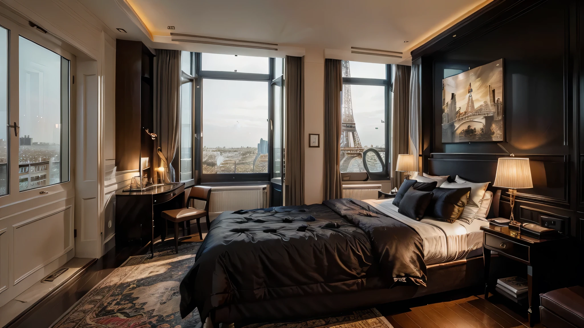 a view of a modern bed room with candle and a book shelf, neo-romanticism, maximalism, by Raymond Han, luxury hotel calm, floor to ceiling window, picture of an interior loft, living room vibe, large windows eiffel tower at starly night