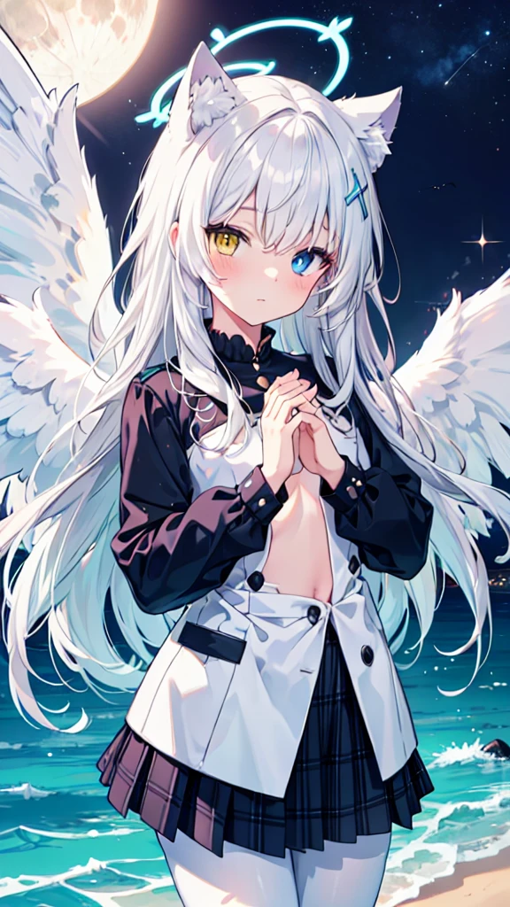 White hair,Long hair,Cat ear,Heterochromia blue-yellow,female face,There are bright spots in the eyes,Female hands,White little hands,Normal fingers,flat chest,Solitary,blue halo,On an island in the sky,Day and night mix,Angel Wings,White pantyhose,moon,Hands together