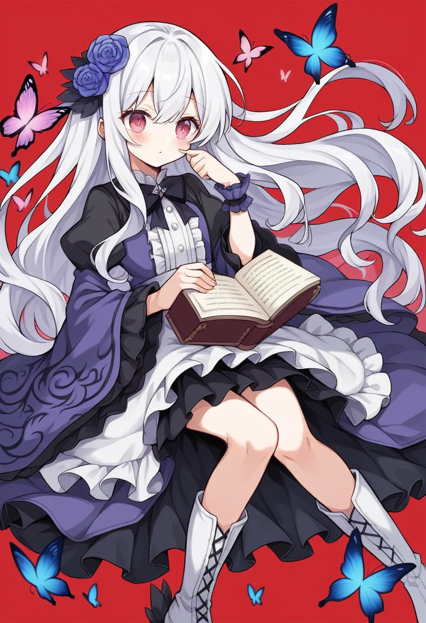 parameter (Black Theme),One girl, alone, flower, White Hair, Long Hair, wing, Red Background, pink flower, hair ornaments, Book, Pink Eyes, Sitting, hair flower, dress, Frills, Complex background, White footwear, View your viewers, bangs, flowerびら, Wide sleeves, whole body, blue flower, Holding, boots, Long sleeve, Mouth closed, very Long Hair, open Book, Wrist cuff, 黒い dress, Holding Book, butterfly wing, Rose, 青い Rose, blush, purple flower, frilled dress, fairy wing, Frills袖,