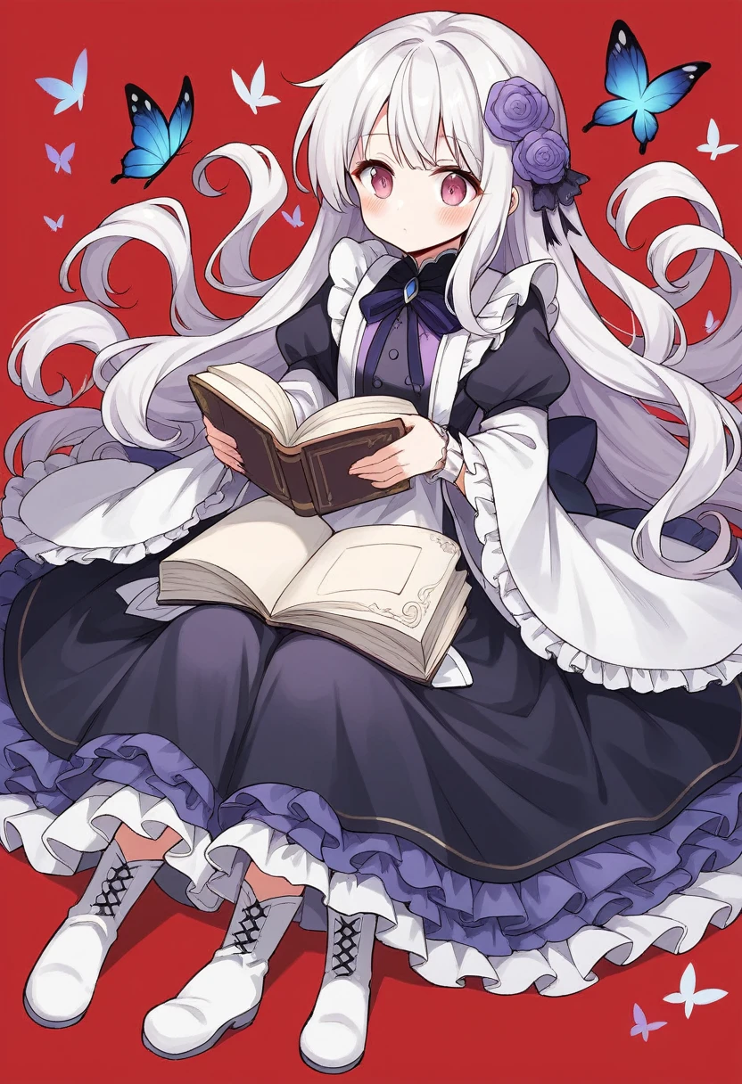 parameter (Black Theme),One girl, alone, flower, White Hair, Long Hair, wing, Red Background, pink flower, hair ornaments, Book, Pink Eyes, Sitting, hair flower, dress, Frills, Complex background, White footwear, View your viewers, bangs, flowerびら, Wide sleeves, whole body, blue flower, Holding, boots, Long sleeve, Mouth closed, very Long Hair, open Book, Wrist cuff, 黒い dress, Holding Book, butterfly wing, Rose, 青い Rose, blush, purple flower, frilled dress, fairy wing, Frills袖,