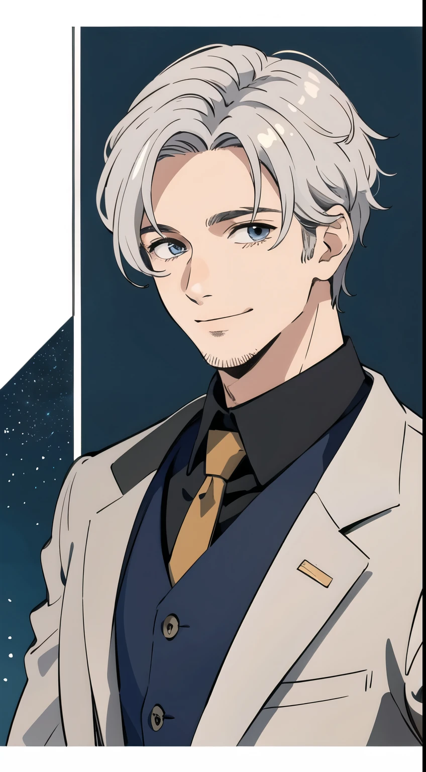 (Highest quality, masterpiece,,whole body), 1 male, 40 years old, wonderful, a handsome guy, A kind smile, Silver Hair,Insecure,Character portrait,