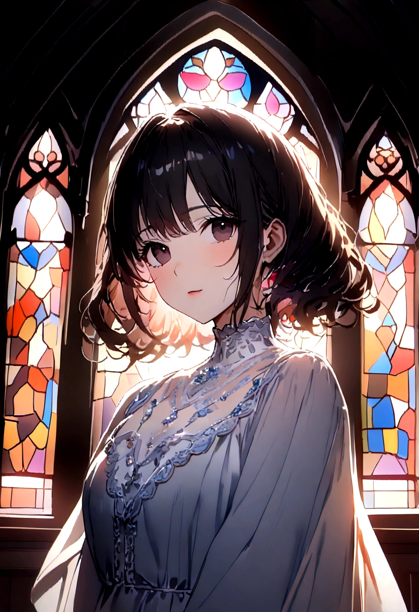 (masterpiece), best quality, expressive eyes, perfect face, (ultra high res:1.4), (masterpiece), (beautiful lighting:1.4) , masterpiece, best quality, extremely detailed, They are wearing white summer dresses and She is illuminated by stern baroque stained glass lights background,macro_shot,colorful details,natural , lighting ,amazing composition,subsurface scattering,amazing textures, soft light, bokeh, 32K, vivid, vibrant, highly textured They have dark hair, dark eyes, beThese girls are standing.autiful women, and lovely expressions (((8 years old ))) The space she is in is in front of the beautiful stained glass windows inside the church