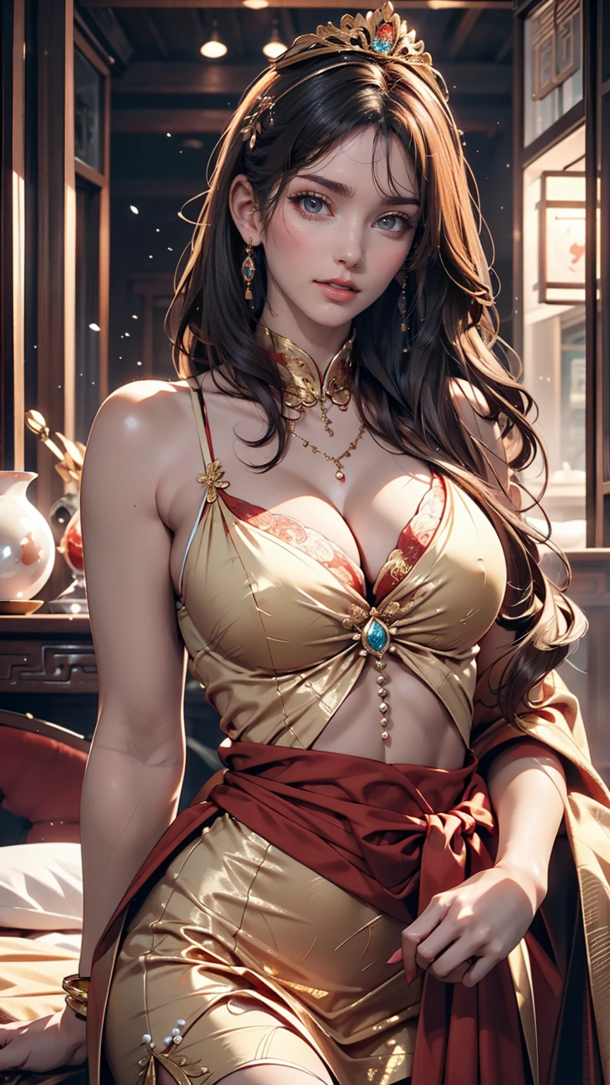 There is a woman wearing a Chinese dress, 27 years old, 28 years old, 29-year-old, 32 years old, Delicate makeup, Ye Wen, 23 years old, Round face, Cute Liane, Gold Tiara, Pearl Necklace, Jade hairpin、Sexy proportions、Sexy body type、Narrow waist、Long eyelashes、