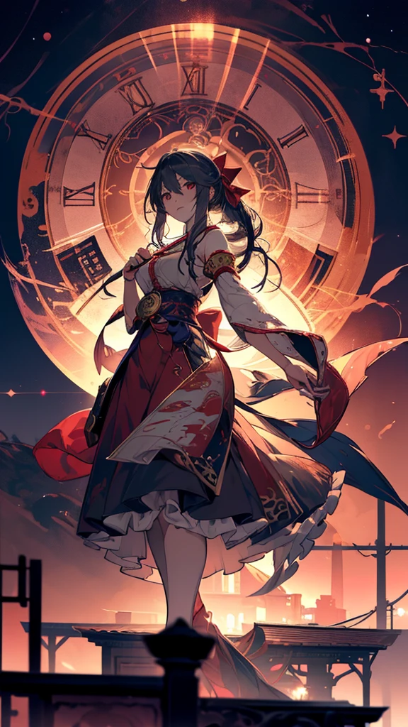 Anime girl with sword and red dress standing in front of clock tower, Touhou Project official artwork, Artistic rendering of Reimu Hakurei, detailed key Anime Art, From desire, high definition Anime Art, Anime Artwork, The Detailed Art of the Onmyoji, Anime still film Anime colored paper, Anime Art, By Ren, beautiful Anime Artwork