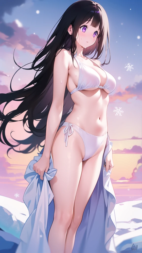 Chitanda,只有一个beautiful girl,Purple Eyes, Black Hair, Natural straight hair, Straight bangs,Extremely refined,open your lips,Face is so red,Very white skin,Skin as delicate as porcelain,Glowing skin,big eyes,Flowing long hair,beautiful girl, Like a dream,Slim,Slim waist,Soft, (Sensual), (Kawaii), Dream quality,Sweaty and sweaty,Wet skin,Side breasts,snowflake,Playing in the snow on the snow mountain,Handstand,White transparent bikini,Profile,(Completely naked),Gluteal groove,The outline of the breasts is visible through clothing,Completely naked的背部,nacked hip,very close,Deep V neckline,Loose neckline,Beautiful big breasts,No pants,nopan,no pants,Bare shoulders,There are no shoulder straps,Exposed collarbone,Delicate clavicle,Delicate hands and feet,Bare neck,There are no clothes around the neck,Bare thighs,Exposed groin,Camel toe,extremely shy,Ultra-high resolution, (masterpiece:1.2, best quality), (Delicate and beautiful eyes: 1.2), (Beautiful and delicate face)