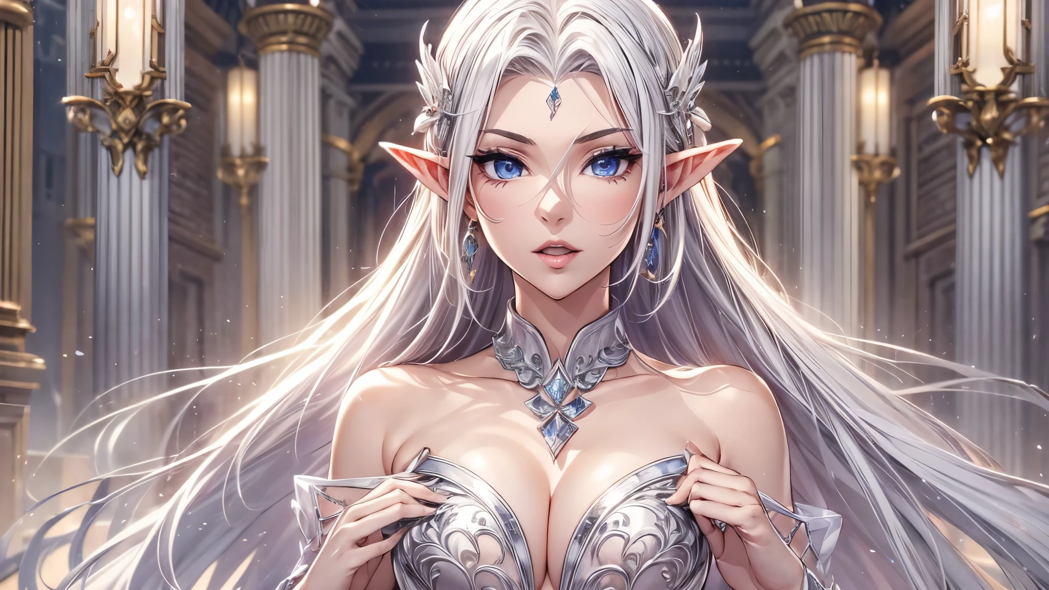 1 girl, Beautiful elf lady, sliver-white Long straight hair, upturn elf pointy ears, sexy figure, charming cleavage, very beautiful face, detailed face, delicate eyes, detailed pupil, beautiful and delicate lips, pale skin, Serious, arrogant, absurd, gorgeous detailed dress, royalties, celebration, elegant, Noble, Bare shoulders, small crystal earrings, hand drawn animation, high detailed, palace banquet hall, symmetrical clothes, best quality, masterpiece, Fair,
