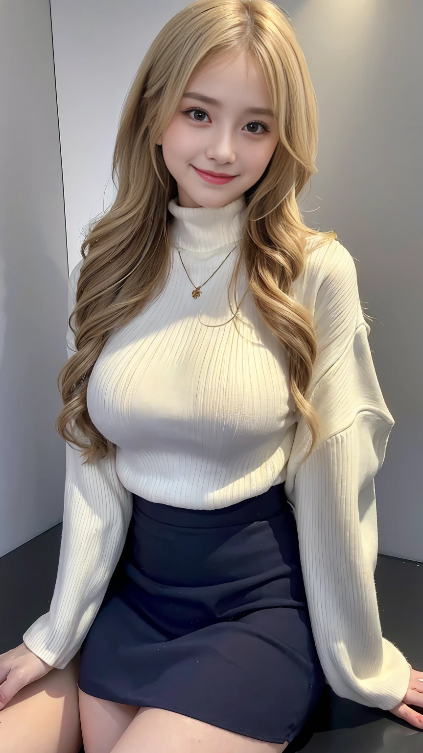 (((White background、Russia、Northern Europe、White people)))、forehead、23 years old, Long white blonde wavy hair、Beige turtleneck sweater, Puffy nipples、long pleated skirt of dark blue color,,Medium Milk, Cute Smile、(lean forward to emphasize the chest)、、Beautiful Necklace、Black high heels、sexy lace panties、Cute smile with upward glances