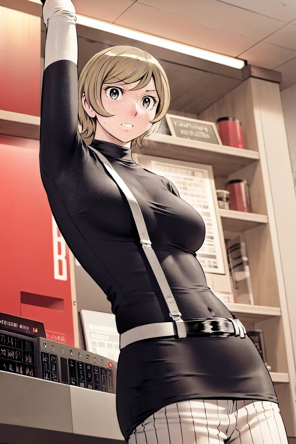 、(masterpiece、Highest quality)、Highest quality, Ultra-high resolution, (((masterpiece))), alone, Sweat、Big eyes,Tight black shirt、Tight white pants、belt、indoor、Composition from the front、(Cut the back hair short、short hair、blonde、woman)、Shortcuts、Embarrassed face、Cut your hair short、可愛いwomanの子、Big Breasts、office