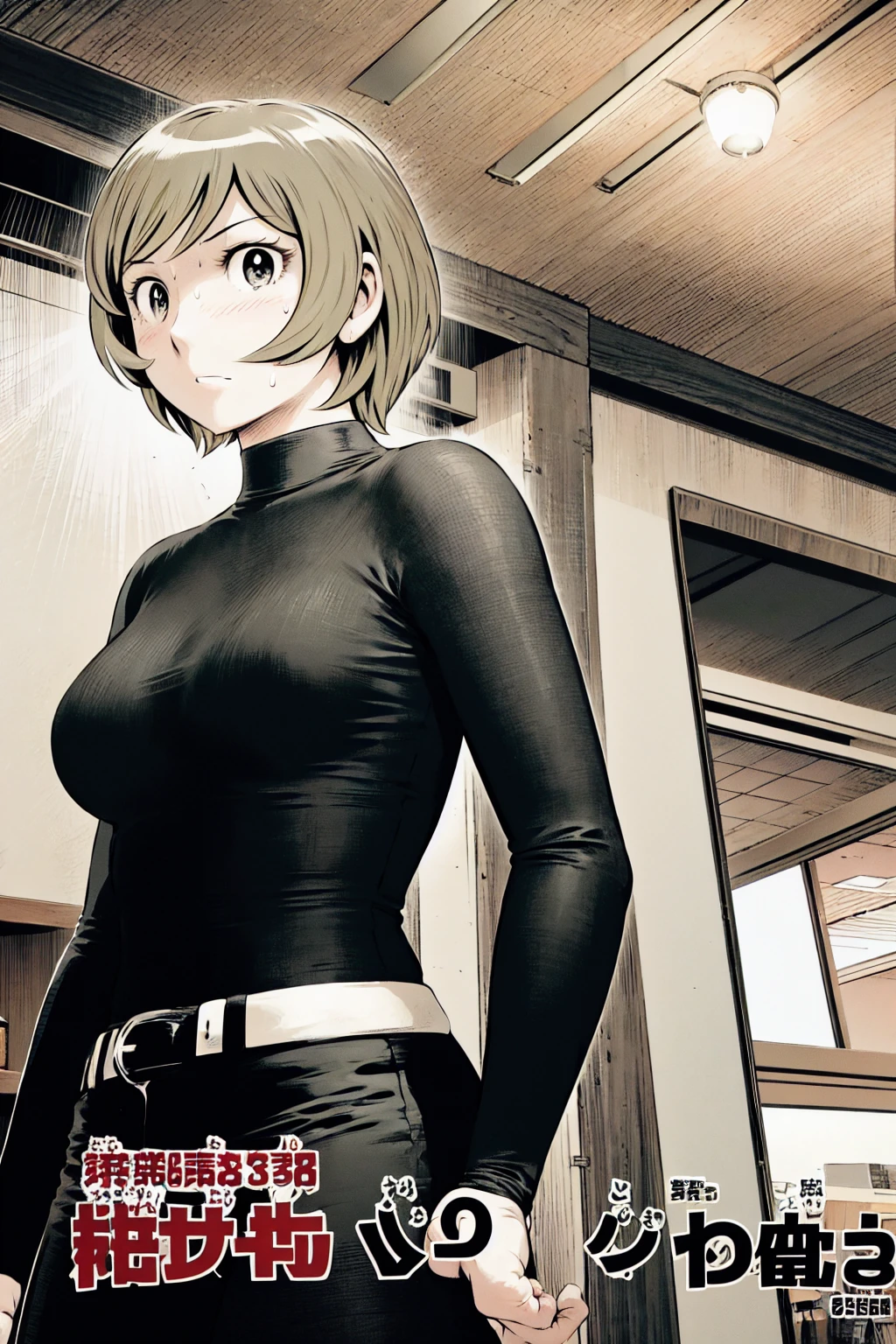 、(masterpiece、Highest quality)、Highest quality, Ultra-high resolution, (((masterpiece))), alone, Sweat、Big eyes,Tight black shirt、Tight white pants、belt、indoor、Composition from the front、(Cut the back hair short、short hair、blonde、woman)、Shortcuts、Embarrassed face、Cut your hair short、可愛いwomanの子、Big Breasts、office
