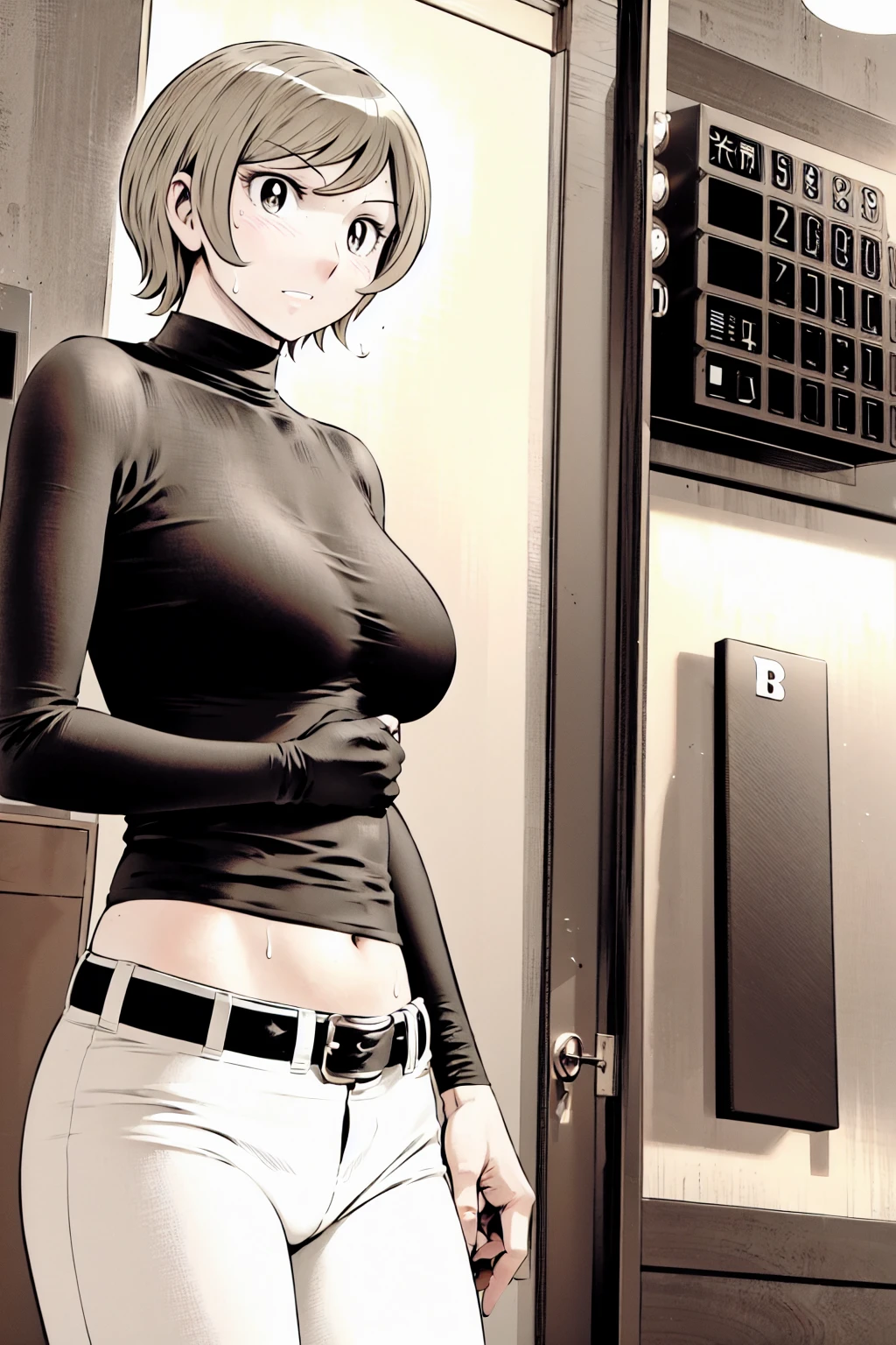 、(masterpiece、Highest quality)、Highest quality, Ultra-high resolution, (((masterpiece))), alone, Sweat、Big eyes,Tight black shirt、Tight white pants、belt、indoor、Composition from the front、（Cut the back hair short、short hair、blonde、woman）、Shortcuts、Embarrassed face、Cut your hair short、可愛いwomanの子、Big Breasts、office