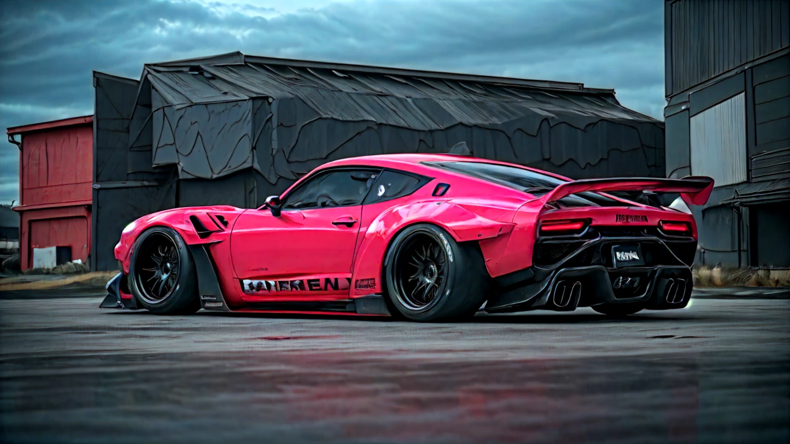 Supercar-forza game ready design, wide body, custom design build, cinematic, wide angle, studio light, tactical bodywork for supreme aerodynamics, (dirt neon grungy pink), broody and atmospheric, ominous sky, low light, vivid and gritty, retro futuristic sci-fi influences 