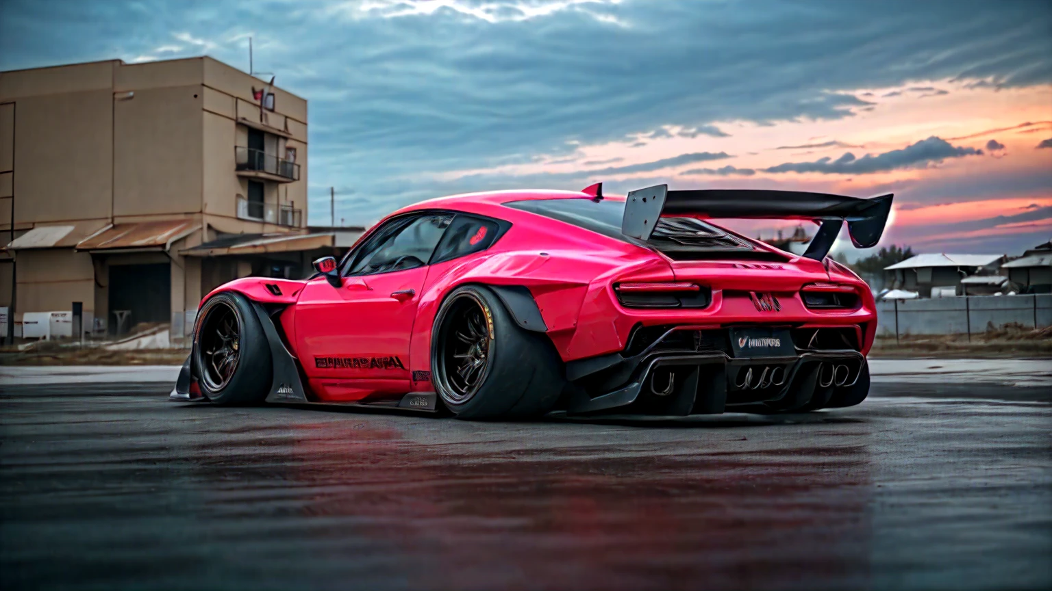 Supercar-forza game ready design, wide body, custom design build, cinematic, wide angle, studio light, tactical bodywork for supreme aerodynamics, (dirt neon grungy pink), broody and atmospheric, ominous sky, low light, vivid and gritty, retro futuristic sci-fi influences 