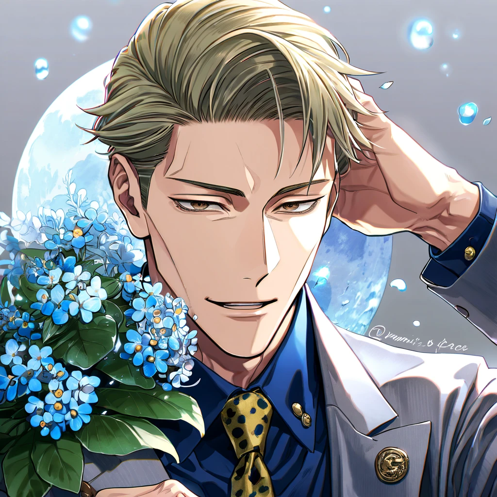 absurdres, highres, ultra detailed, HDR, master piece, Nanami Kento, blond hair, expressive brown eyes, Jujutsu Kaisen, sexy man, handsome, best quality, blue moon, forget-me-not flowers, fantasy, magical, solo, water, blue shining fireflies, blue petals, gray suit, blue shirt, yellow necktie, handsome smile, blue dust