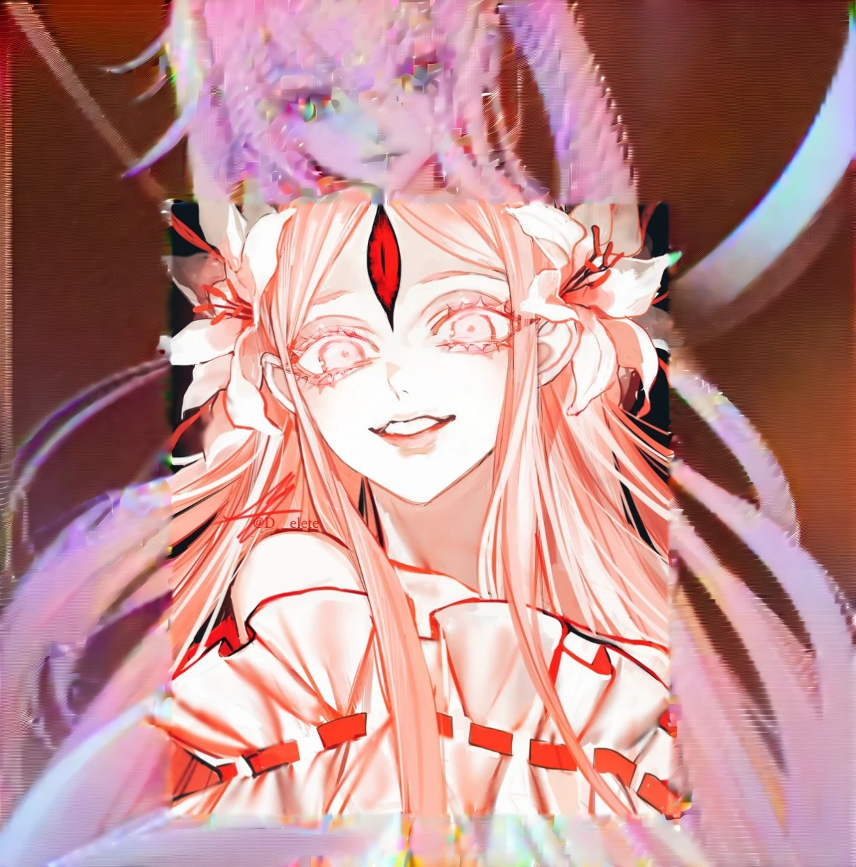 anime girl with long pink hair and red eyes and a flower in her hair, zero two, with eerie glowing red eyes, He got me intricado, com eerie glowing red eyes, ahegao, luminous red eyes, gapmoe yandere, eerie glowing red eyes, she has white eyes!!!, zerochan art, with glowing eyes, red eyes glowing, ahegao face, zerochan