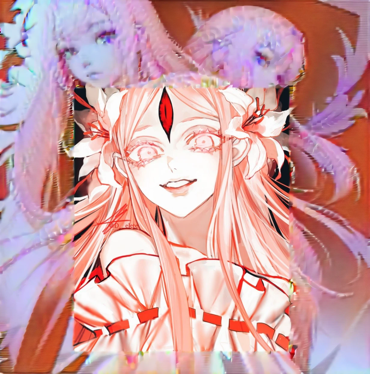 A red moon in the middle of seven silver anime-type angels with red hair, both men and women. And what do you say?: Blood Moles