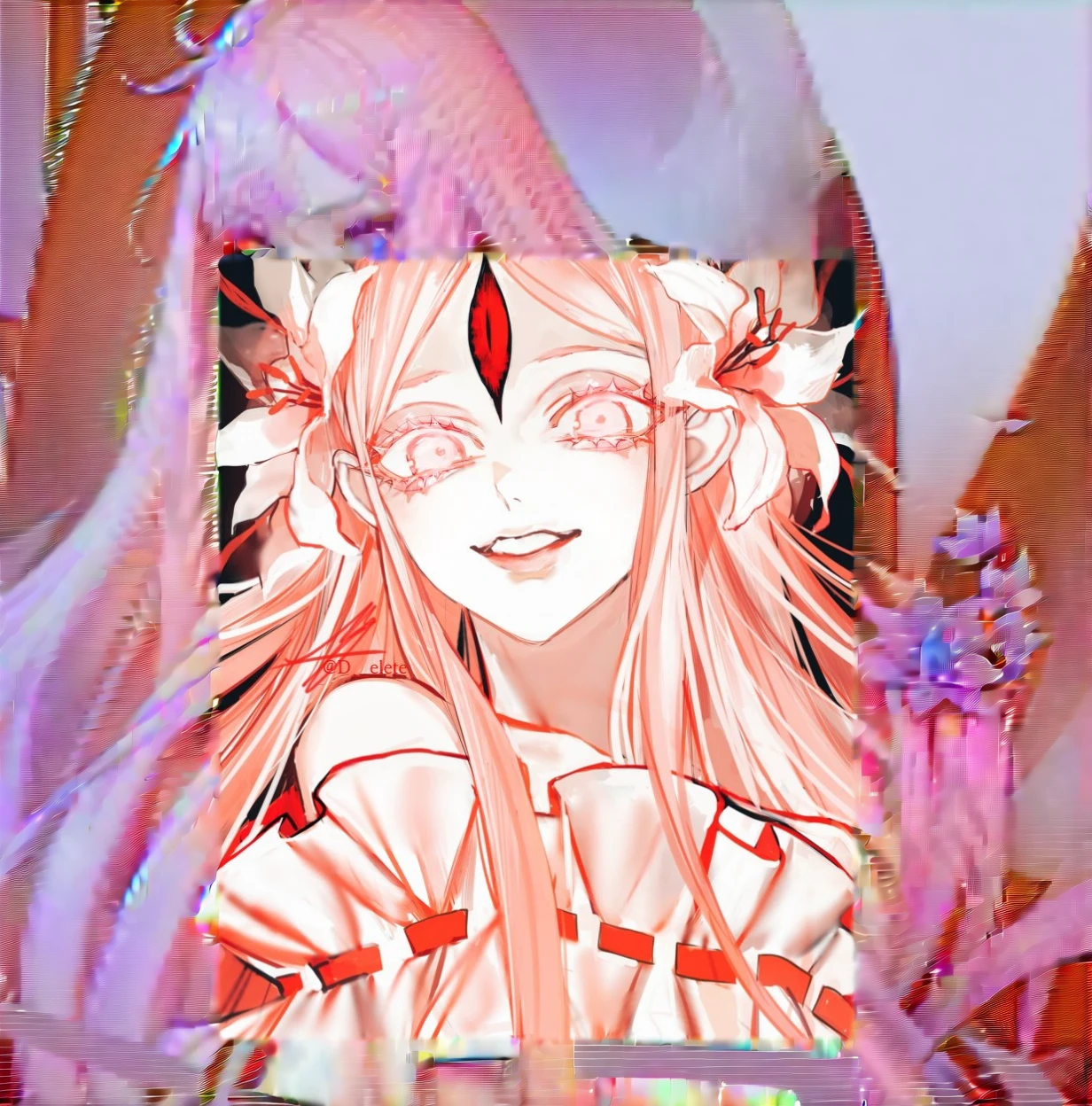 anime girl with long pink hair and red eyes and a flower in her hair, zero two, with eerie glowing red eyes, He got me intricado, com eerie glowing red eyes, ahegao, luminous red eyes, gapmoe yandere, eerie glowing red eyes, she has white eyes!!!, zerochan art, with glowing eyes, red eyes glowing, ahegao face, zerochan