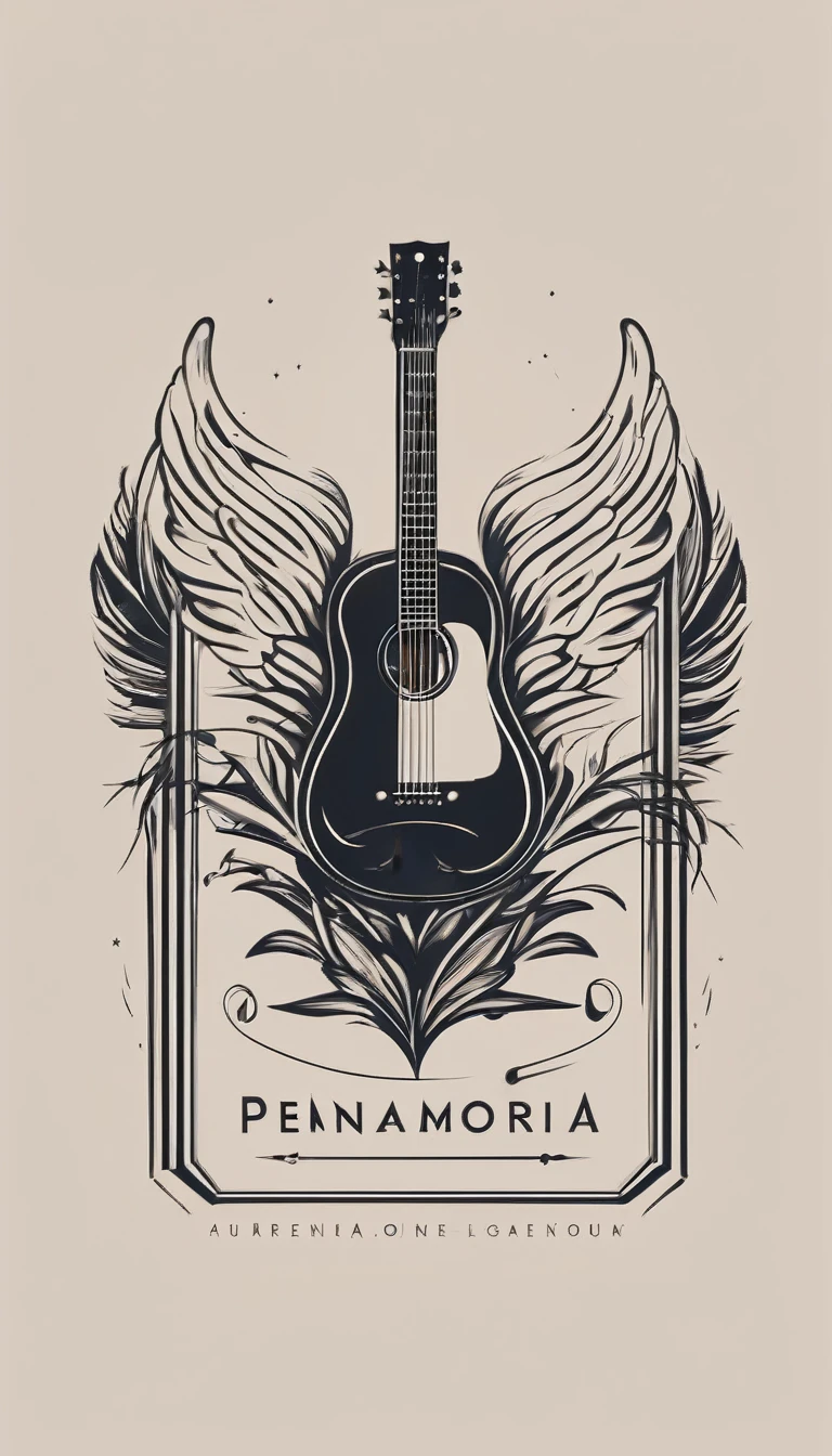 A minimal, modern, simple, cinematic logotype for the brand “Penamemoria". The logotype must be a simple, magical feather and a boy playing acoustic guitar. The logo must convey a sense of music, stories and dreams. Logo design impressed on a book cover. Minimalistic logo