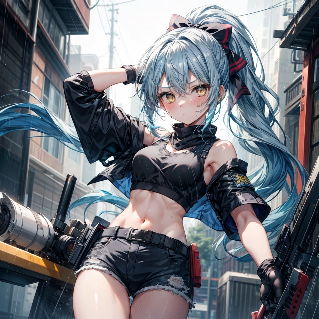 ((Highest quality,masterpiece,detailed,4K)), a girl with blue hair and a top with short sleeves holding a screw driver, 1girl, 独奏, mechanical parts, mecha body, long hair, blue hair, navel, gloves, shorts, breasts, sweat, wrench, short shorts, very long hair, underwear, panties, holding, belt, arm up, ponytail, small breasts, blurry background, gray sky, rain, looking at viewer, black gloves, sports bra, wiping sweat, bow, bare shoulders, bangs, cowboy shot, yellow eyes, midriff, hair bow, (expressionless), face focus