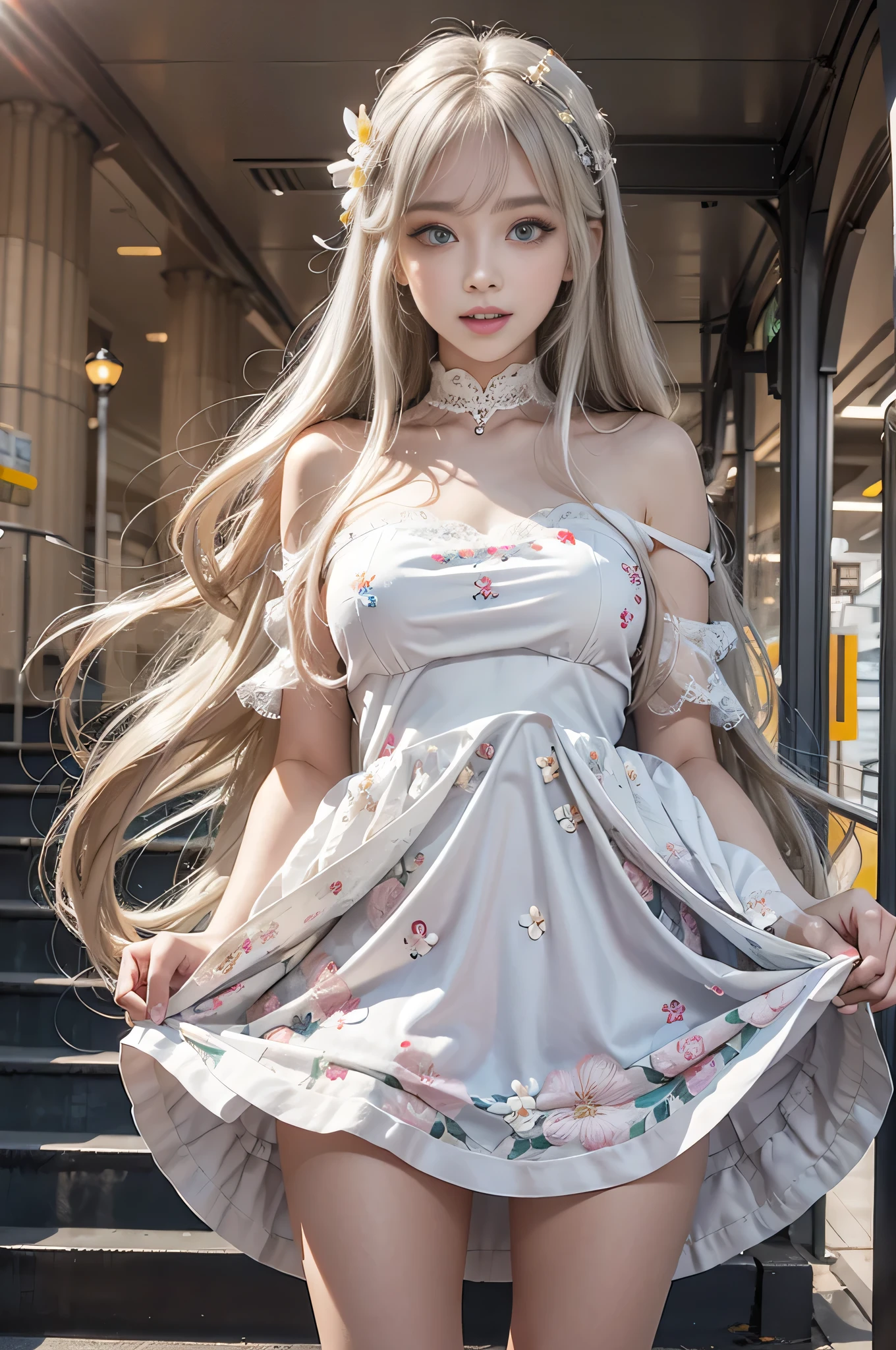 1girl in, Long hair, Straight hair, Sparkling eyes, PUPILS SPARKLING, longeyelashes, makeup, Smile, Modern, depth of fields, One-person viewpoint, POV, close-up, Wide Shot, ((From below)), ((wide angles)), F/1.8, 135 mm, canon, nffsw, retinas, ((A girl standing in front of the theater stairs))、 (Golden white hair)((A girl standing in front of the theater stairs))、((posterior view))、((Looks Back)),(portlate、bright expression、Young shiny shiny white shiny skin、Best Looks、ultimate beauty girl、The most beautiful platinum blonde hair in the world、shiny light hair,、Super long silky straight hair、Beautiful bangs that shine、Glowing crystal clear attractive blue eyes、Very beautiful nice cute 16 year old girl、Lush bust、、 Silver hair, Bangs, Blunt bangs, Long straight hair, aqua eyes, longeyelashes, Solid Circle Eyes, makeup, Open mouth, blush, Parted lips, Bright pupils, smiley, Seductive smile, glint, surrealism, Modern、Black pantyhose、high-heelix4、((Pure white dress、Floral dress、、off shoulders、up skirt: 1.6))、Skyscrapers are hazy in the windows、((Skirt soars in the wind)),((Showing white lace panties)),((Raise the hem of the skirt with your hands))