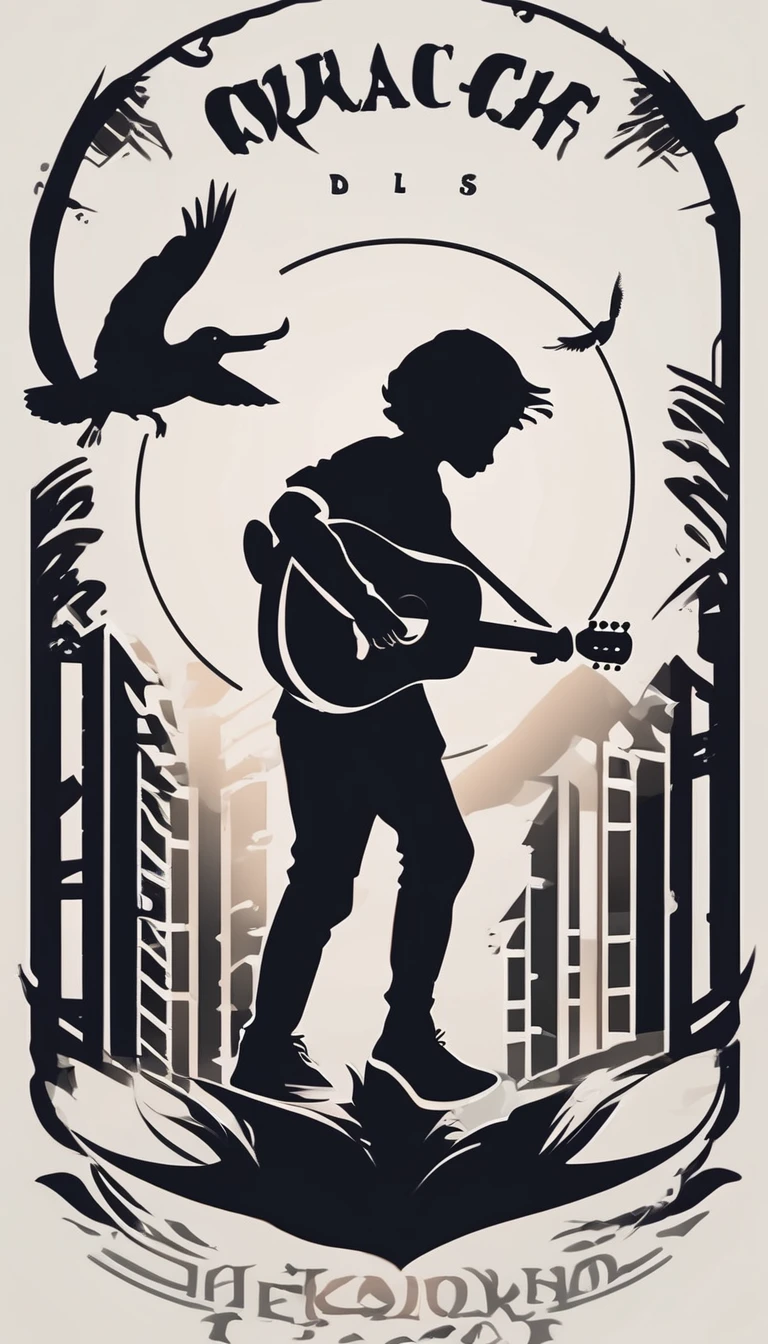 Create a modern, minimalistic logo design for a brand about music and movies. The logo must be in minimalistic style and convey a sense of storytelling. The logo is the silhouette of a boy and a bird. The boy is running with open arms, holding an acoustic guitar in the right hand and a bird feather in the left hand.